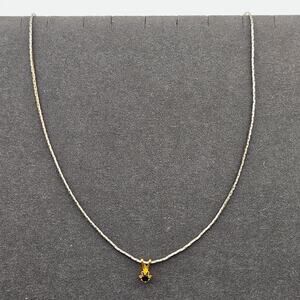 Two Tone Silver & Gold Tone Necklace Dark Blue Crystal Stone Charm Small Simple